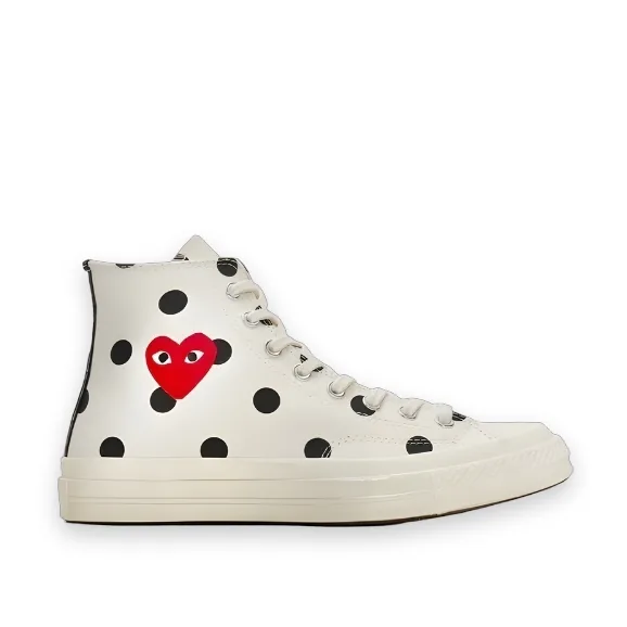 CDG Converse Red Heart Polka Dot Sneakers 70 High - White 1